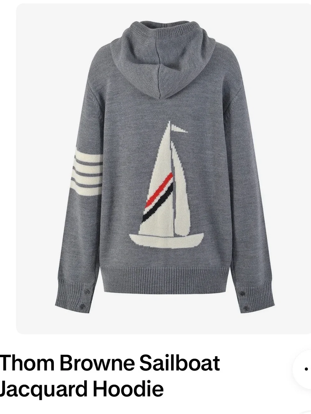Thom Browne Gray Sailboat Knit Hoodie with Contrasting Stripe - Picture 1 of 8